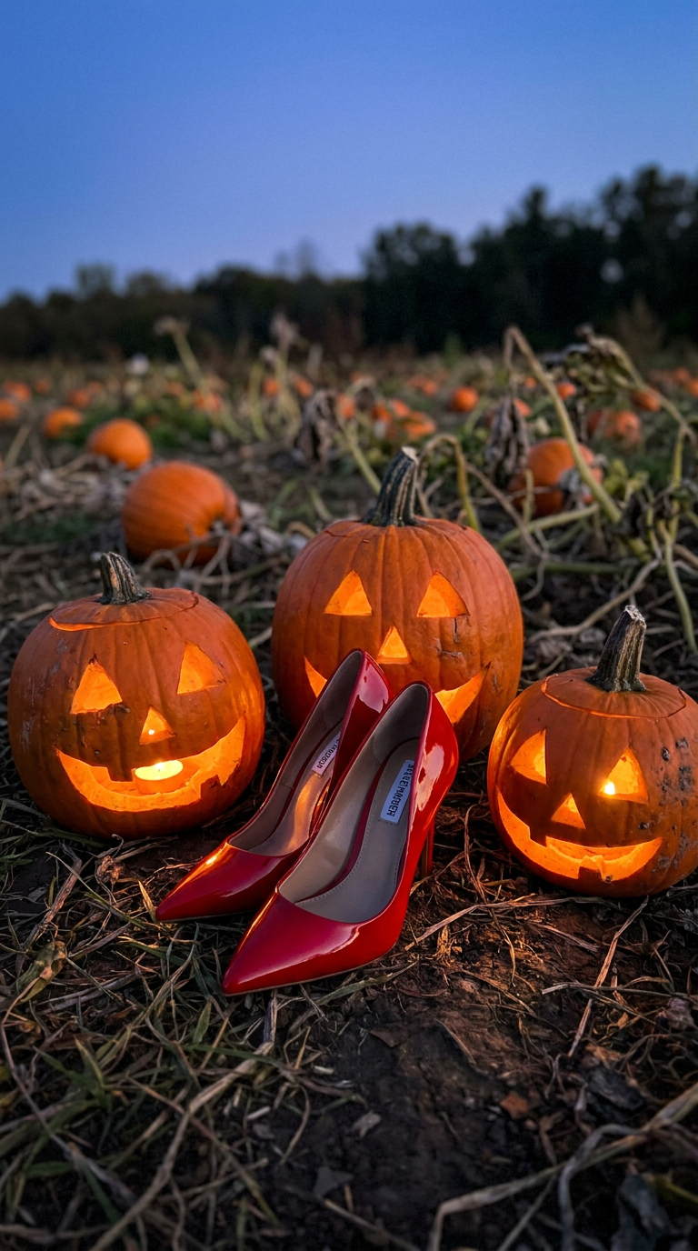 Anoka — red heels among jack-o-lanterns at dusk, Halloween Capital of the World