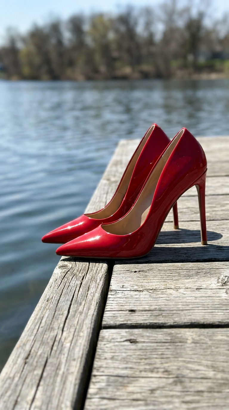 Ham Lake — red heels on weathered dock at lake's edge